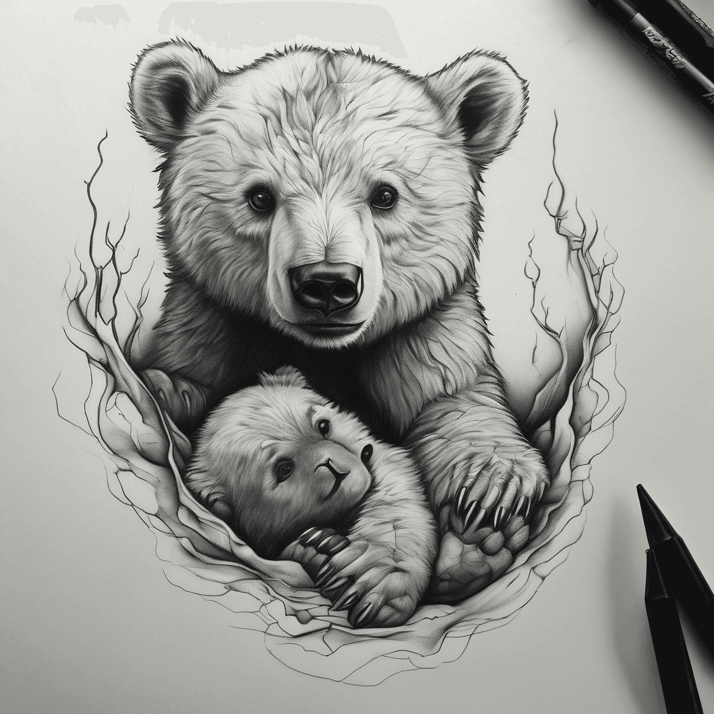Aurora tattoo: newborn footprint organically transforming into a bear cub, protected by her father. Subtle rock elements, black & grey, fine-line, emotional, masculine and timeless, with “I'll show you love, I'll show you everything”.