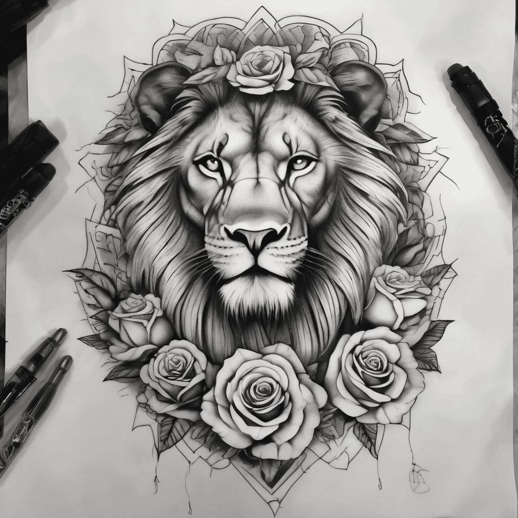 A detailed black and grey realism men's half-sleeve tattoo design. The design vertically stacks a majestic lion's head at the top, an all-seeing eye nestled below it, and a blooming rose. Woven into the design are realistic rosary beads tha