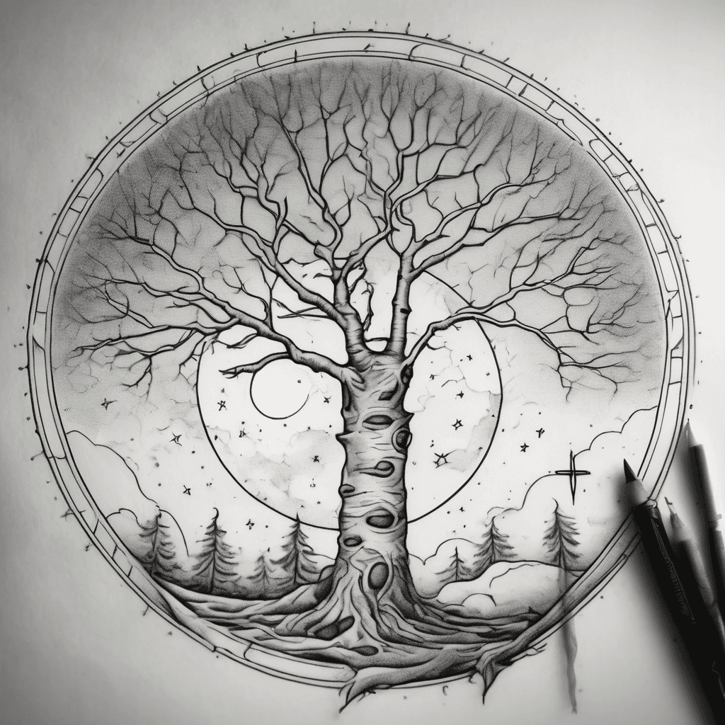 Simple but detailed fine line silver birch tree with a crescent moon above it to the side with a few stars and a cross seamlessly in the middle make the tree long and whimsy a singular tree