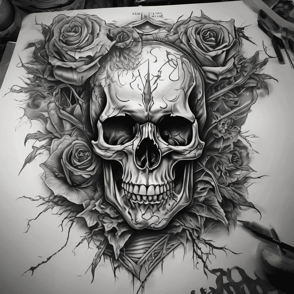 Complex sleeve design of a very dark concept tattoo which includes elements of a scary to gore-y style. Skulls, blood, and other more
