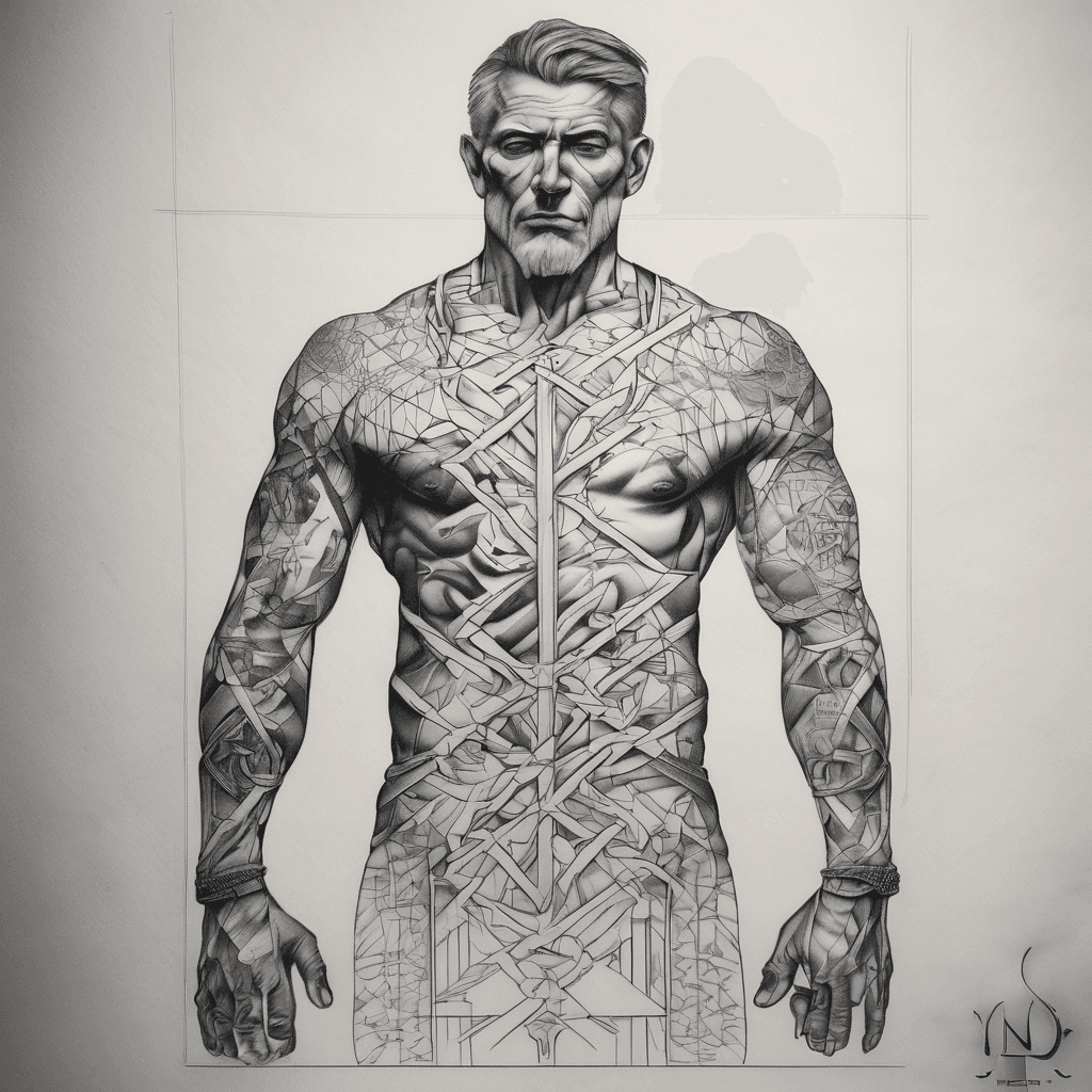 A geometric tattoo of symbolizing power, strength, thinker, my dead dad, in Roman numbers 2003, thinker, DNA, alone, this tattoo will be for a forearm