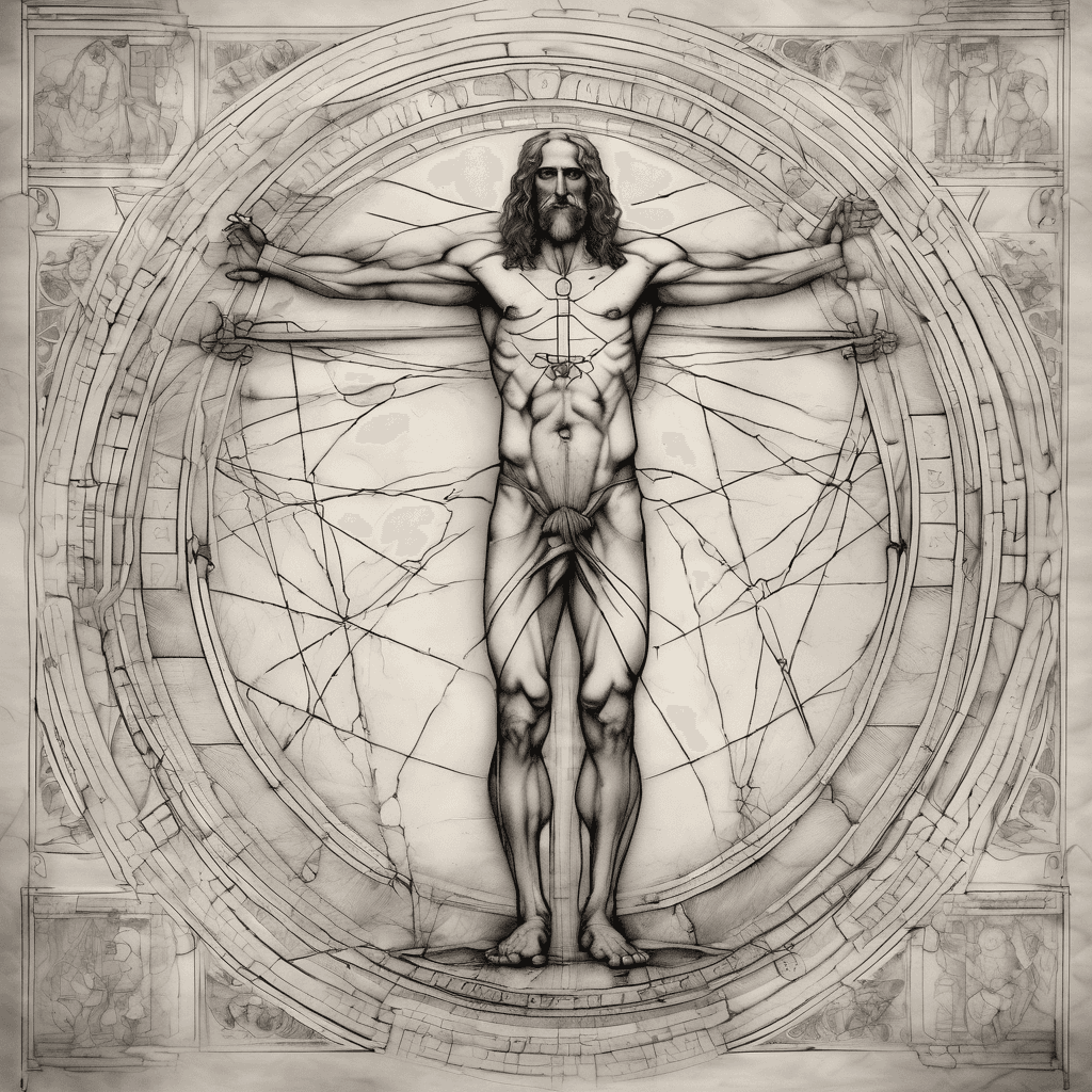 Da Vinci's Vitruvian Man with Boaz & Jachin pillars behind him either side, with a tessellated masonis floor