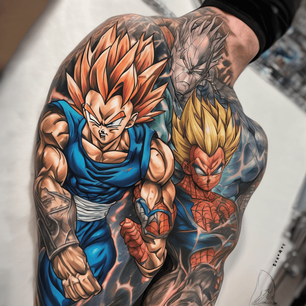Characters:Goku and Vegeta energy beams at each other,batman, spiderman, mario,spawn,masterc chief, deadpool,zelda, Charizard, Yoshi, wolverine, gambit
Placement:full arm sleeve
Style: Realistic color
Vibe:badass