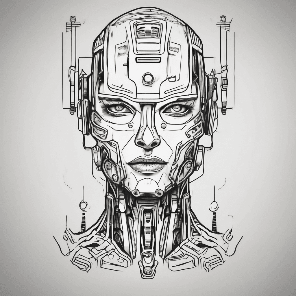 Create in the style of scifi gore a tattoo of a robot/human hybrid turning into a plc