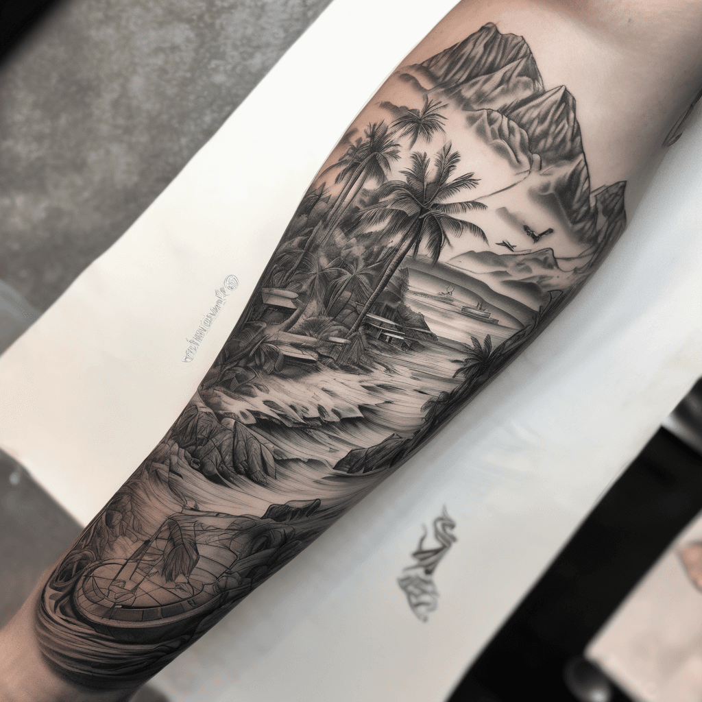 Black & grey realistic full left sleeve: Dominican beach/palms, tiger with subtle eye detail of girl, airplane, Canadian mountains, Greek architecture, winding road, compass wrist, hidden 11/12/01. No colour.