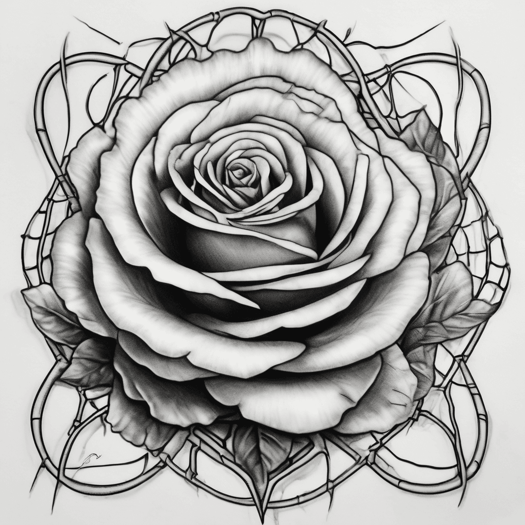 A neck or ear tattoo thats a rose, the petals at the lobe, and a spider hanging from a web attached to the middle of the rose, the web is weaved into “his”