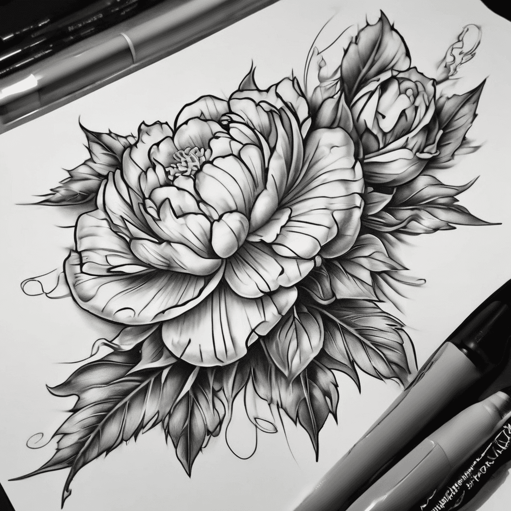 Un tribal bras complet avec de ligne courbes.sur le coude une pivoine et une pivoine plus petite au poignet.