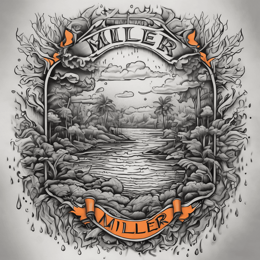 A tattoo concept featuring the name "Miller" in Tangerine lettering
Dark and stormy rainy day type of vibe with maybe some rain clouds around i want like a deep rain forest but dark and gloomy type of vibe