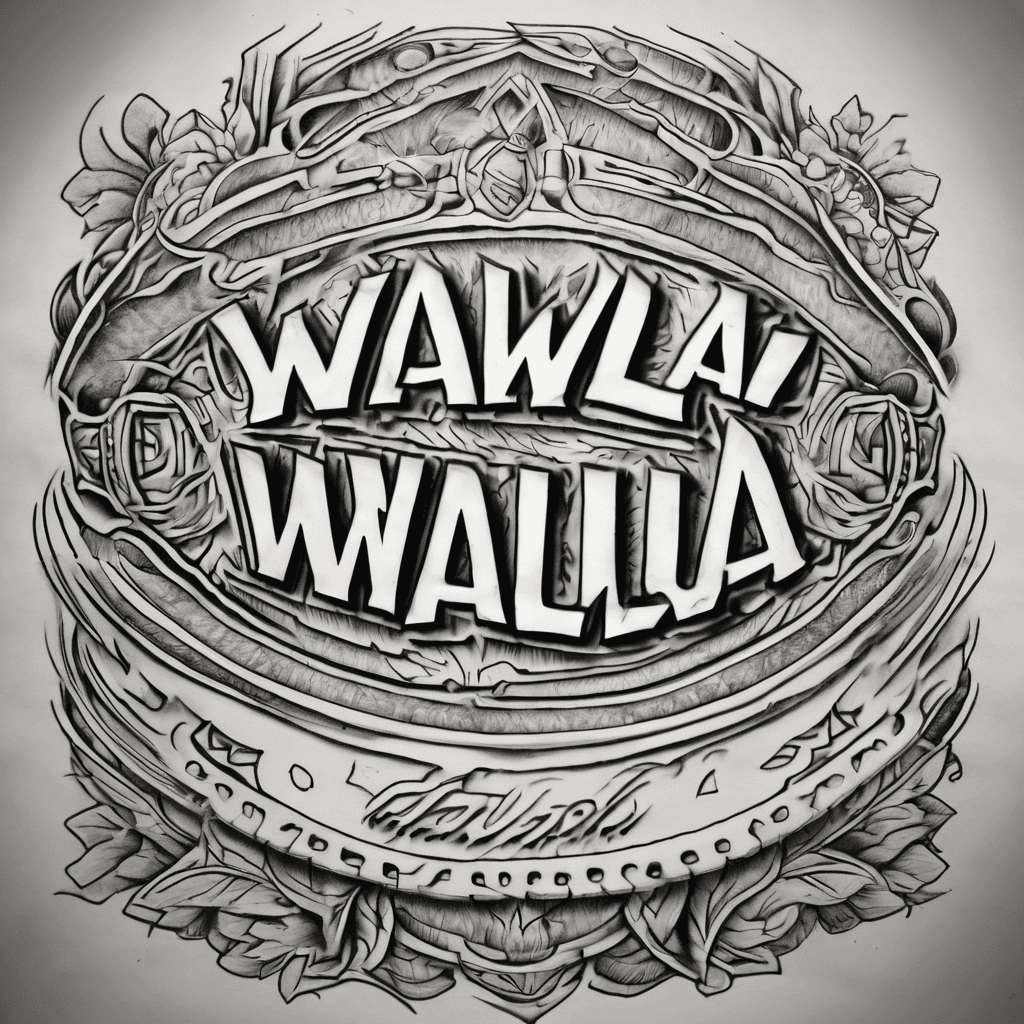 A tattoo concept featuring the name "Walla" in Great Vibes lettering incorporated into a tooled leather sleeve