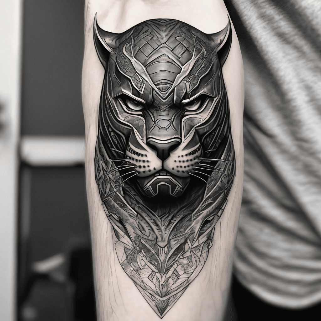 A full sleeve on right arm. Forearm has a black panther and shoulder has a samurai helmet. I want it to have a scary mask. I'm half Indonesian and Polynesian so I want to blend them together with traditional styles.