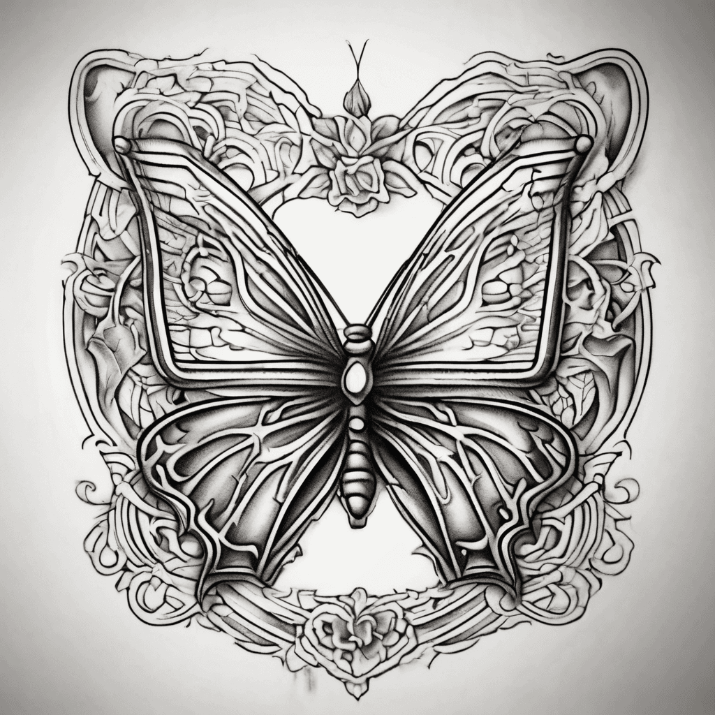 A tattoo concept featuring the name "Nancy" in old English font and a butterfly at the end of the tattoo