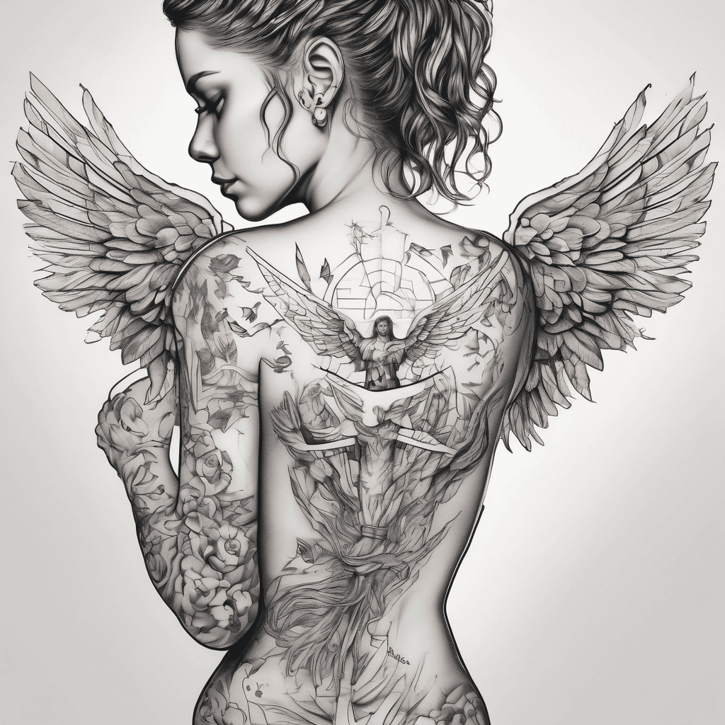 make a forearm half sleeve with a angel praying and cards and birds and the name kathleen