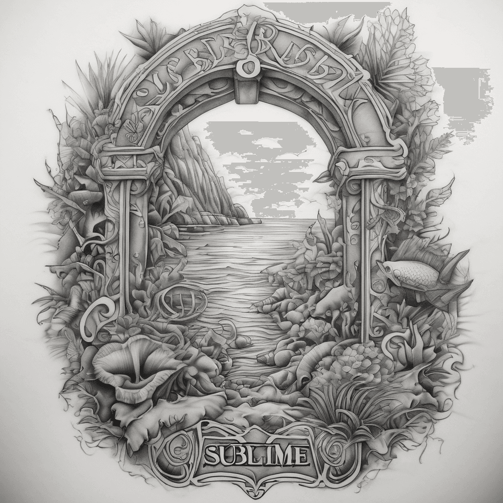 Sublime tattoo with the word Sublime in old english in a arch and under it will say Reef Madness 2026 and in between will have an oceanic background on the right pectoral muscle with the tropical shrubbery around it as a border