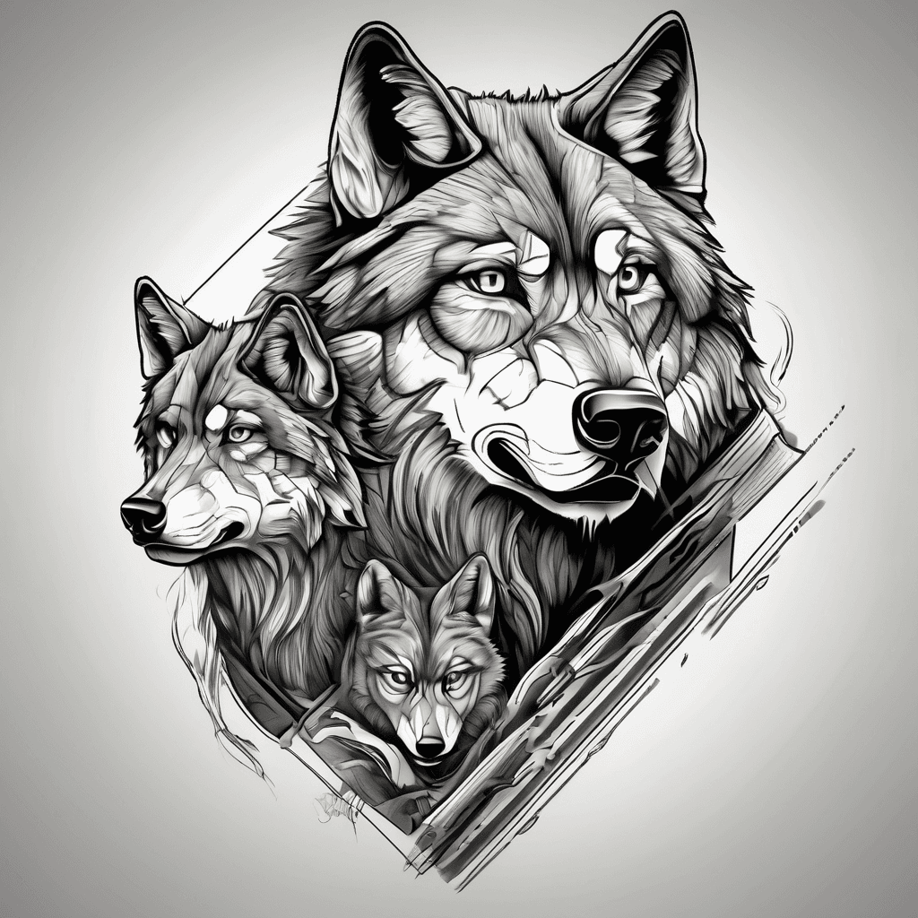 Matching father and son tattoo based on interests of a realistic wolf and motocross