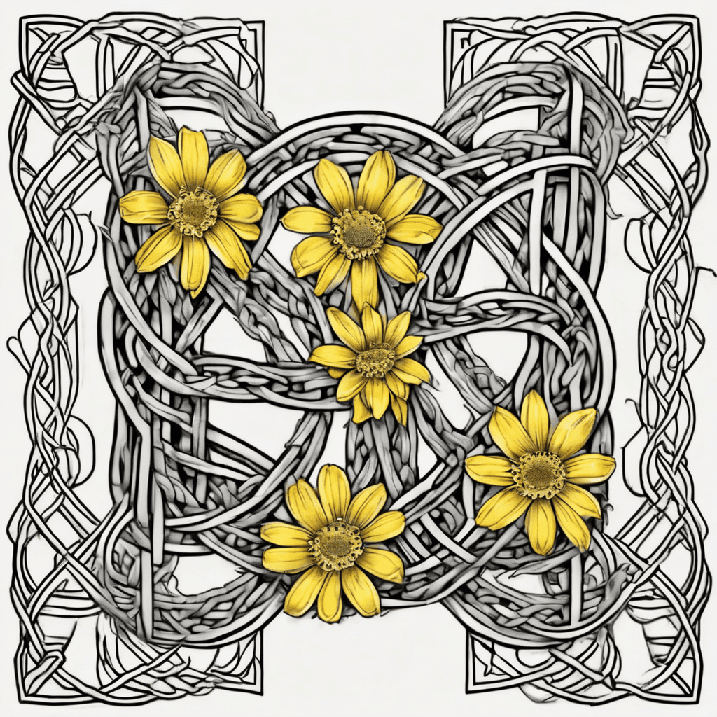 Oblong Celtic friendship knot in black and grey with colored September and October birth flowers and small yellow daisies