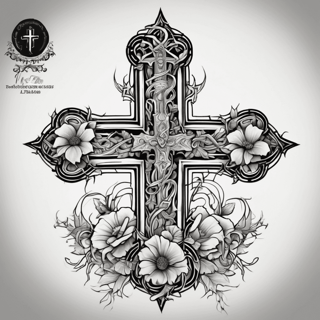 A fine line black detailed cross with medium size flowers and vines in spared color wraps by around the cross