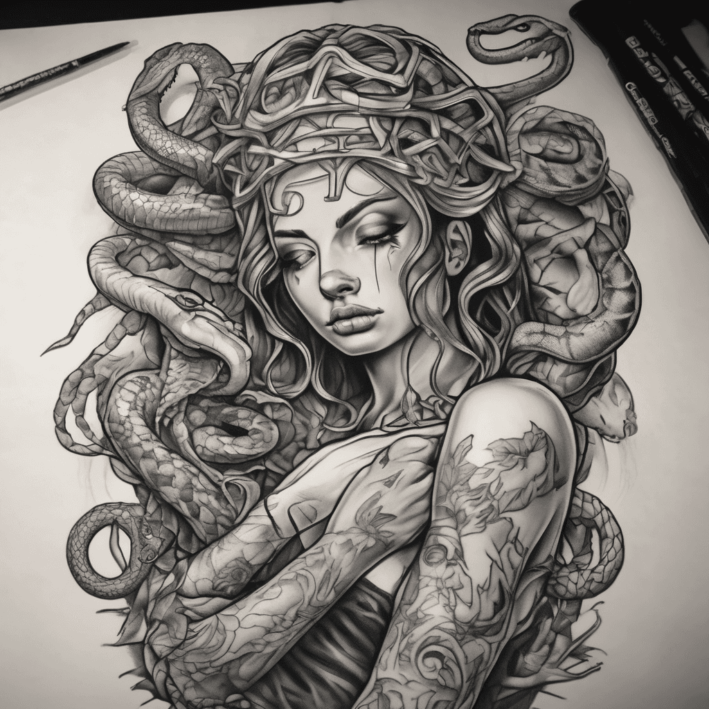 (on hand goes up to the top of wrist/bottom of forearm abd down to the knuckles and a lil on the pinky ) medusa with snake freeforms like the tiktok creator teige and green eyes with upside down cross on ring finger