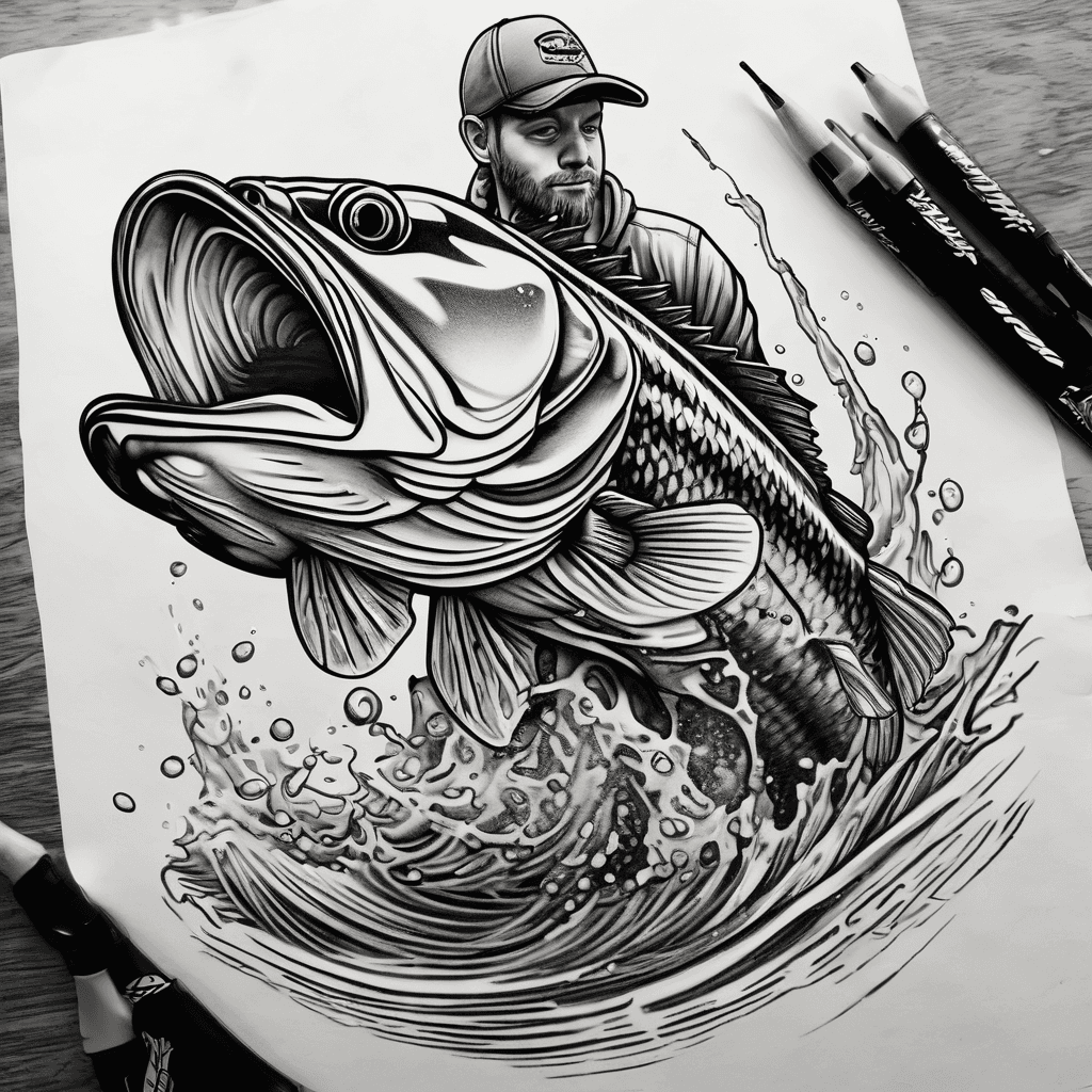 A bass fishing tattoo with a person fishing with a hoodie on that says shaw on back on a nitro z7 boat. Make the person have a largemouth bass on jumping out of water