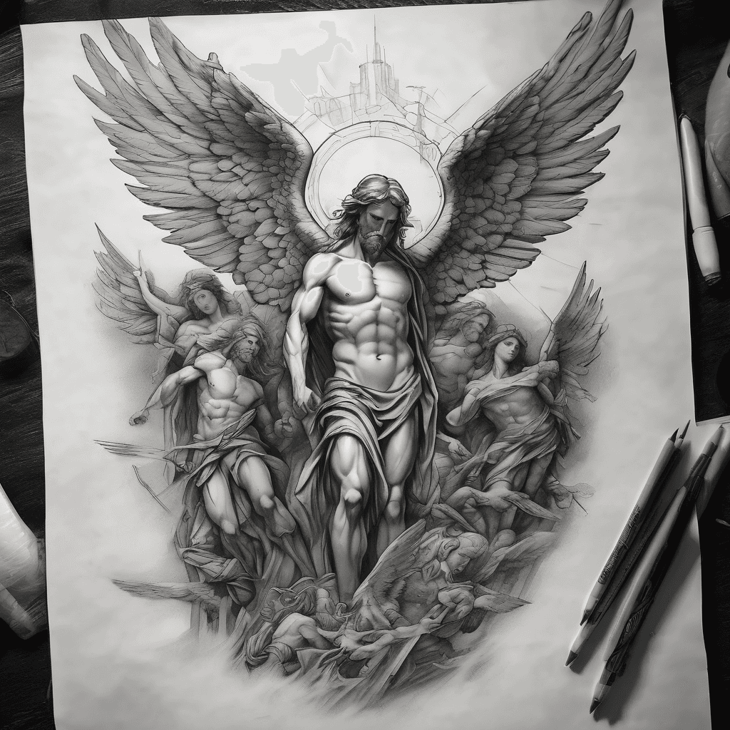 Can you please create a left arm tattoo of a angelic land scape with biblical accurate angels and the holy Trinity moving towards the pec where it turns to a angelic battle field facing the other pec