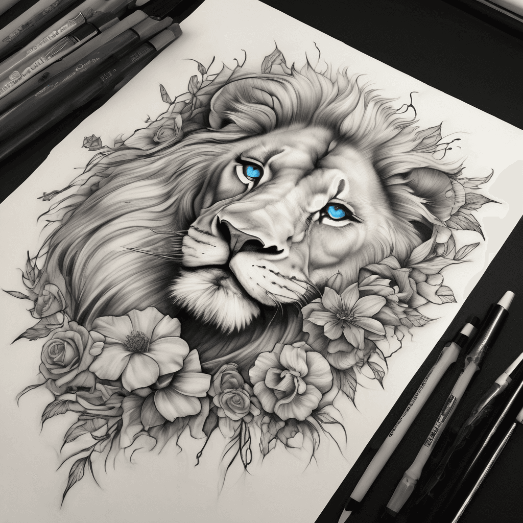 Soft shaded black and grey male lion with blue eyes and black and grey rose and small flowers to this on right side above rose, narcissus , cosmo and aster and one top right monarch butterfly orange and one bottom left monarch buttery