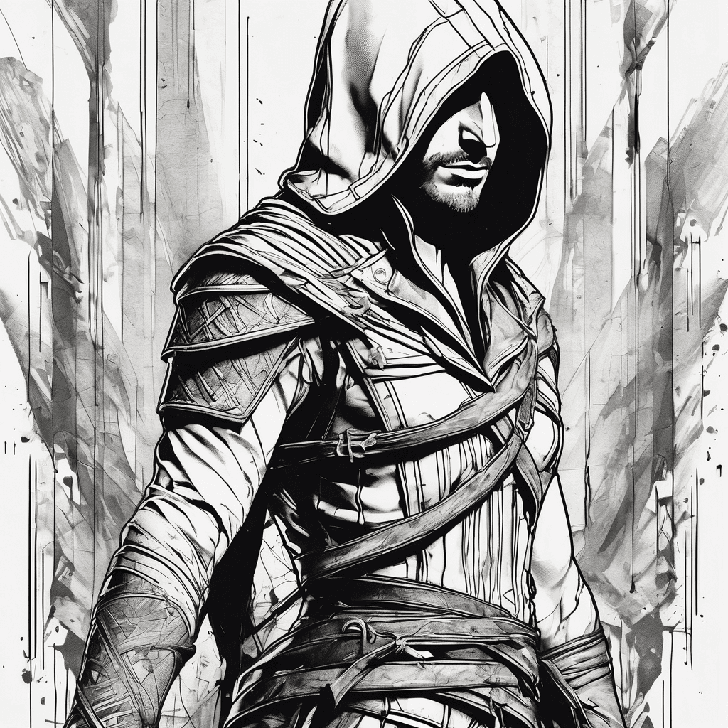 Vertical artistic tattoo design tailored for a slender arm, Assassin's Creed theme. A continuous and elegant composition combining the sketch-style profiles of Ezio Auditore, Kassandra, and Shay Patrick Cormac. Fine-line and graphic sketch style with dynamic ink splatters and abstract geometric glitch lines from the Animus. Black and grey ink only, negative space, minimalist yet detailed, no heavy solid black.