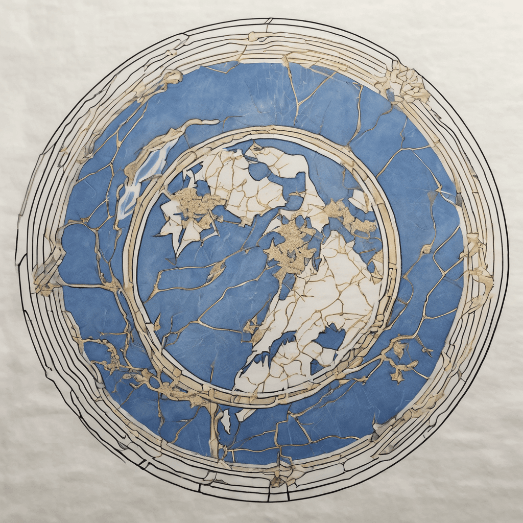 A circular Kintsugi tattoo in blue and gold that tells the story of my move from California to China to Milwaukee Wisconsin, something hopeful that emphasizes the beauty of mending broken things