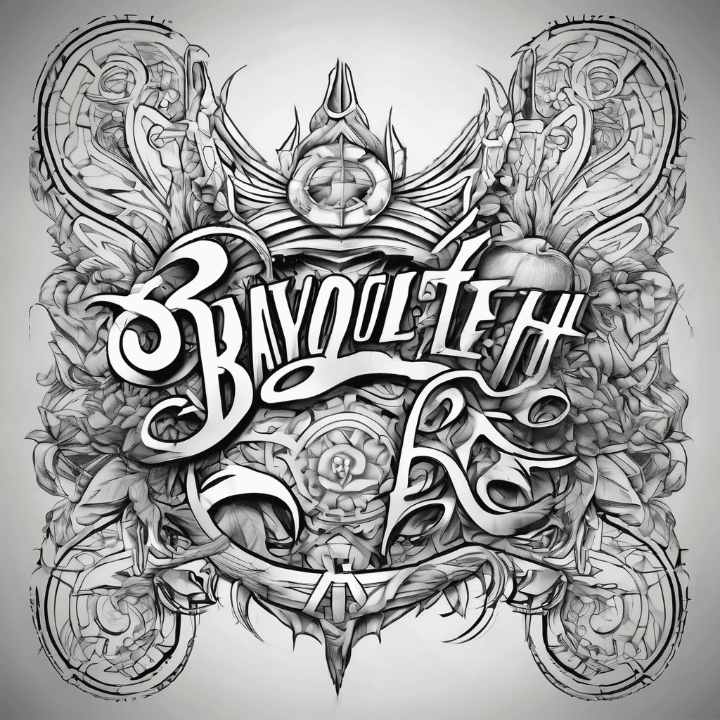 A tattoo concept featuring the name "BAYOLETH" in Great Vibes lettering