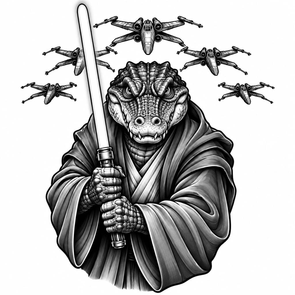 An anthropomorphic alligator faces the camera head on with a determined look, wearing a jedi robe, holding a lightsaber in a two handed grip. Above his head and shoulders fly 5 X-wing starfighters which were in formation