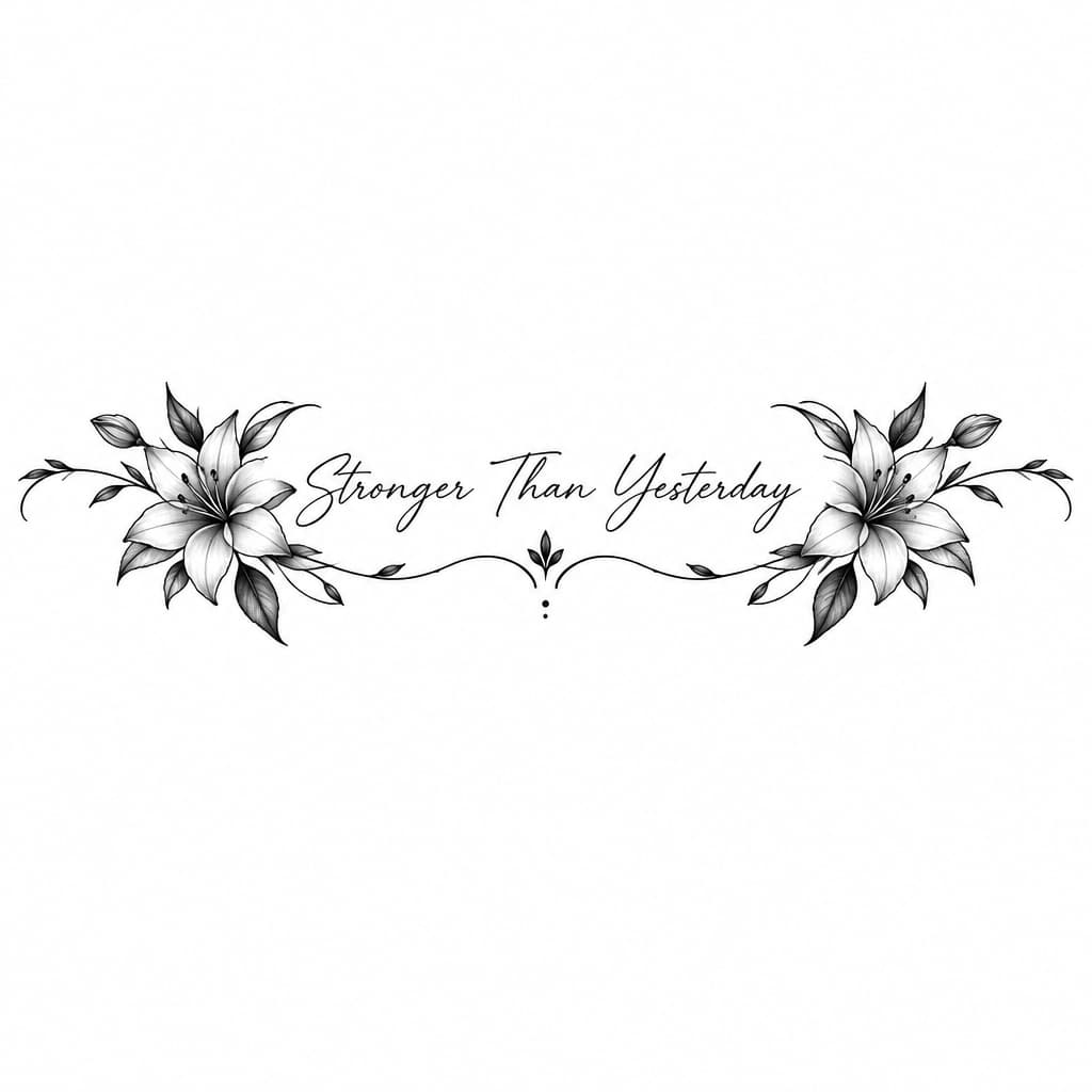 Minimal elegant fine-line collarbone tattoo design, the phrase "Stronger Than Yesterday" in delicate handwritten script, subtle feminine typography, black ink, clean white background, no skin, no mockup.