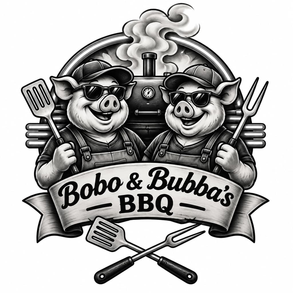 Retro neon emblem: Bobo & Bubba—two smiling pig pitmasters at a smoky grill, crossed spatula & fork, ribbon reading 'Bobo & Bubba's BBQ'