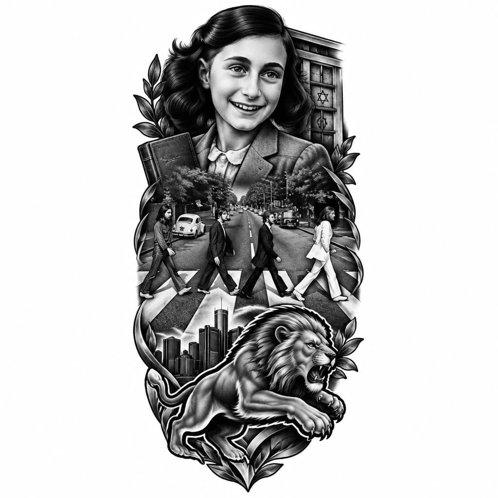 Hyper realistic piece for left forearm that incorporates Anne Frank, the Beatles Abbey Road Cover, and the Detroit Lions, in that order. One that can be completed in one session
