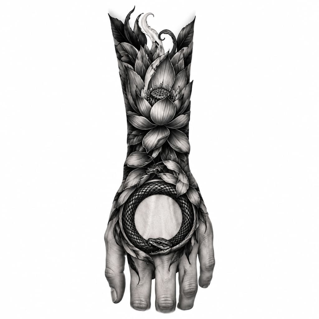 Can you check the source image and use it as guide? I want a black and white tattoo on my wrist / forearm plus the back of my hand. Heavy lotus floral tattoo around my wrist forearm (16cm) with the height of 9cm. The diameter of the ouroboros tattoo on the back of my hand is 5cm. Heavy dark tattoo. The tattoo will have no background. Detailed and artistic. The ouroboros tattoo slightly adorned by the floral tattoo. The floral tattoo creeping towards the ouroboros tattoo. Not too much leaves on the ouroboros tattoo. The head/tail part should be on the part where knuckles are closer. Clean but dark details on the floral part.