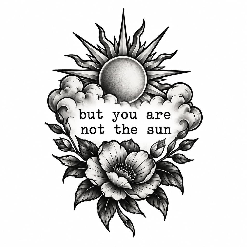 Song lyrics, typed out old type writer style. Mid upper leg. No quotation marks
"but you are
not the sun"