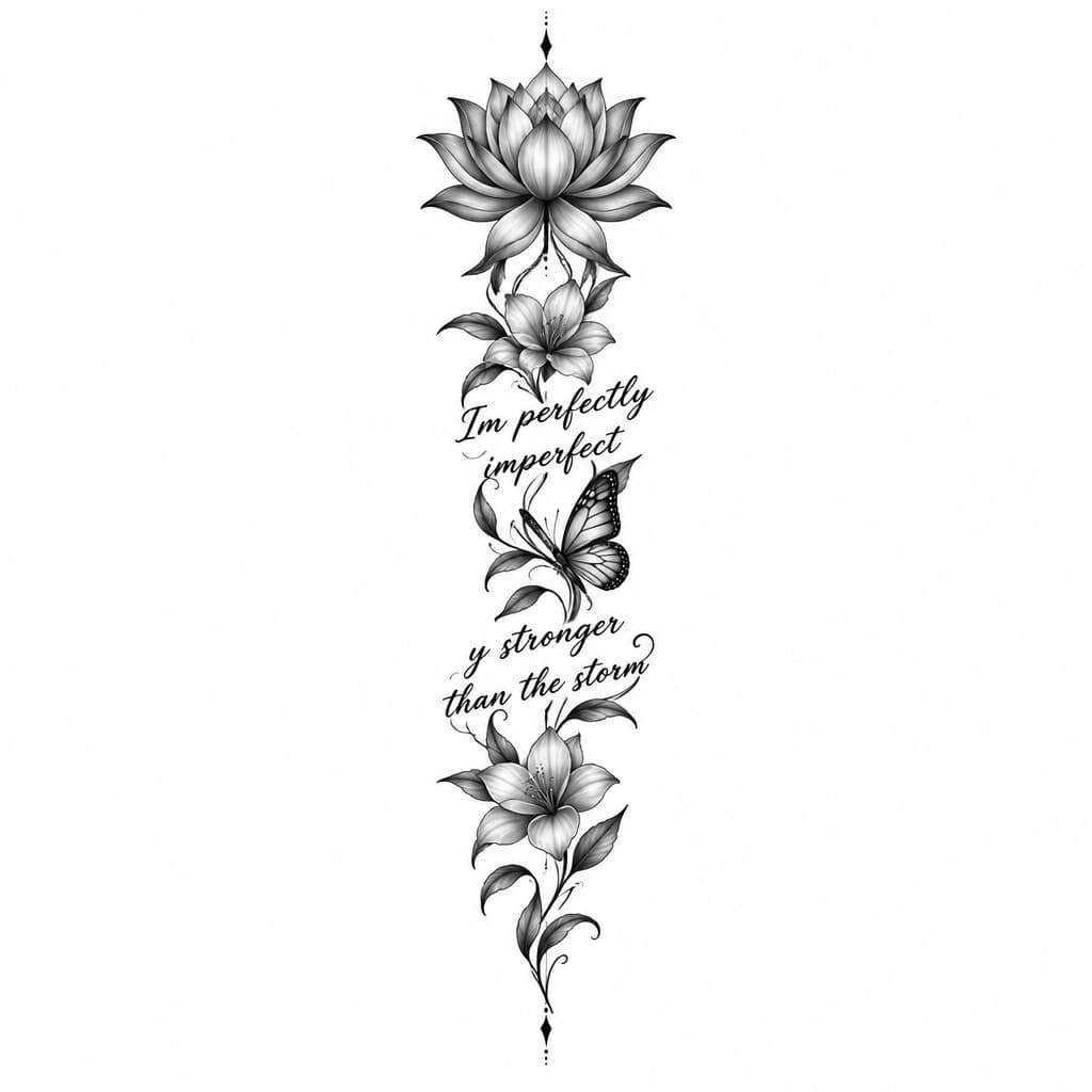 Spine tattoo with lotus flower at the top of neck and flowers going down my spine and the words Im perfectly imperfect and stronger than the storm in Spanish mixed in and a simple butterfly mixed in