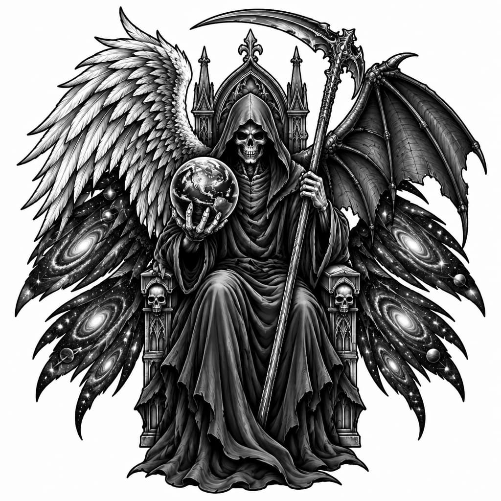 A grim reaper sitting on a throne with earth in his palm and the grim reaper has angelic wings and demon wings and wings that have wings made from galaxies