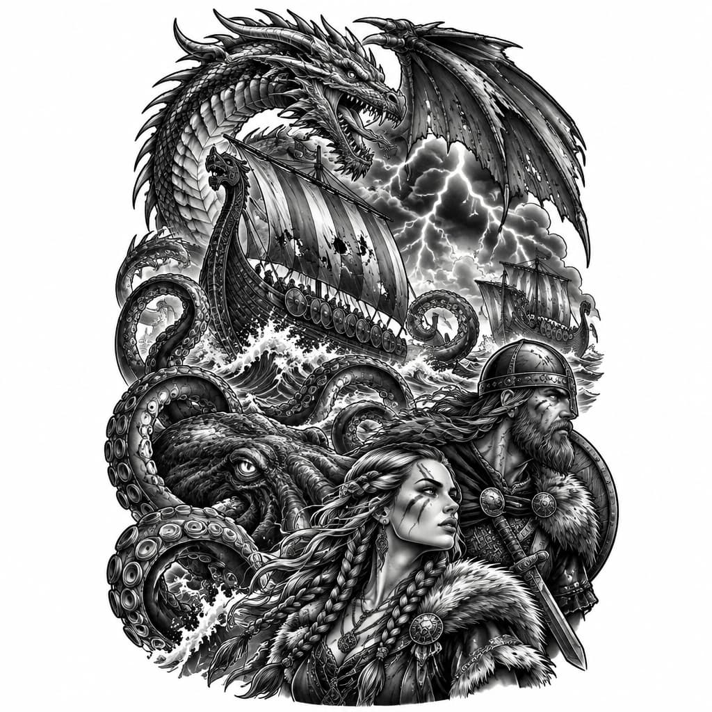 Realistic dragons, old battle scared sail ships, the Kraken, lightning, vikings, viking women, viking ships