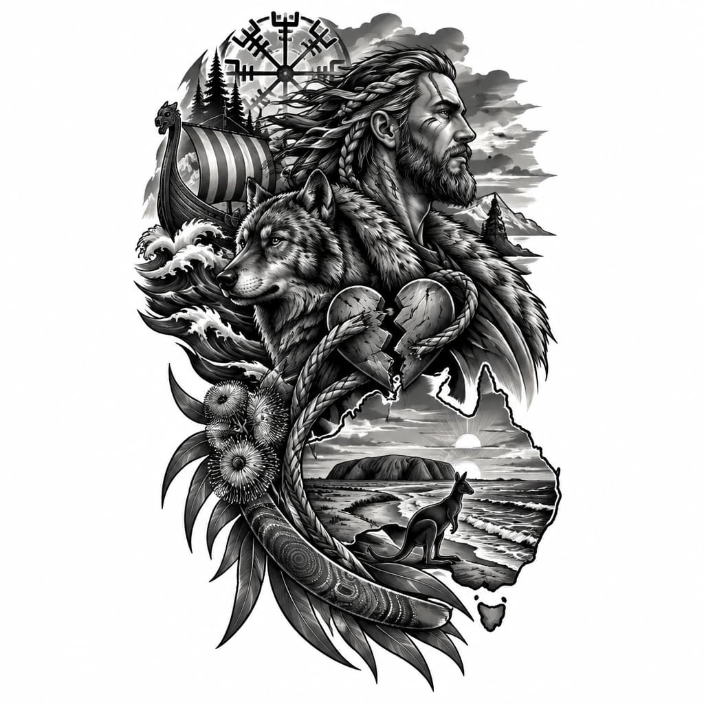 A tattoo for a man based on Finnish mythology, with link to Australia, to reflect struggles after divorce and to go on back of shoulder