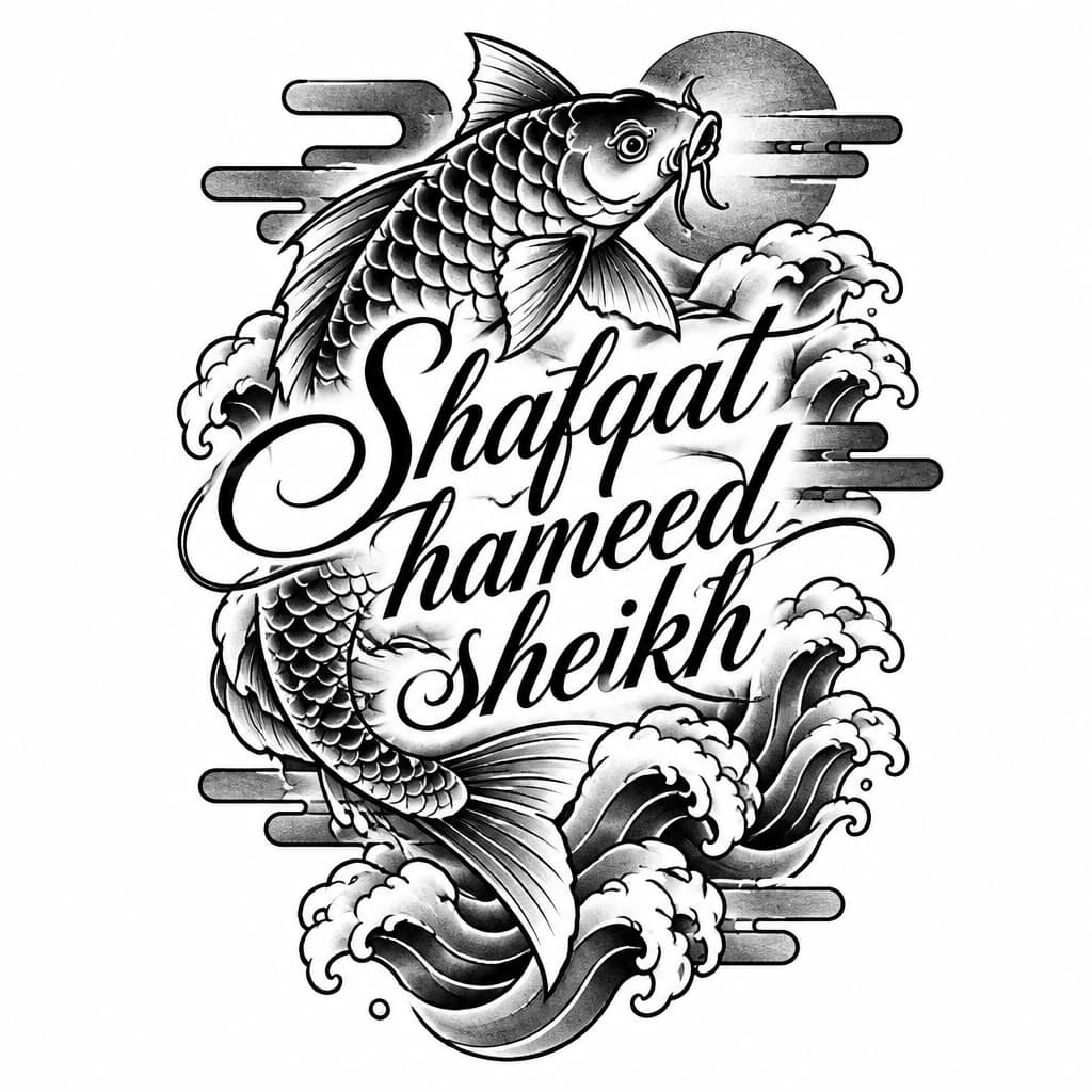 A tattoo concept featuring the name "Shafqat hameed sheikh" in Great Vibes lettering