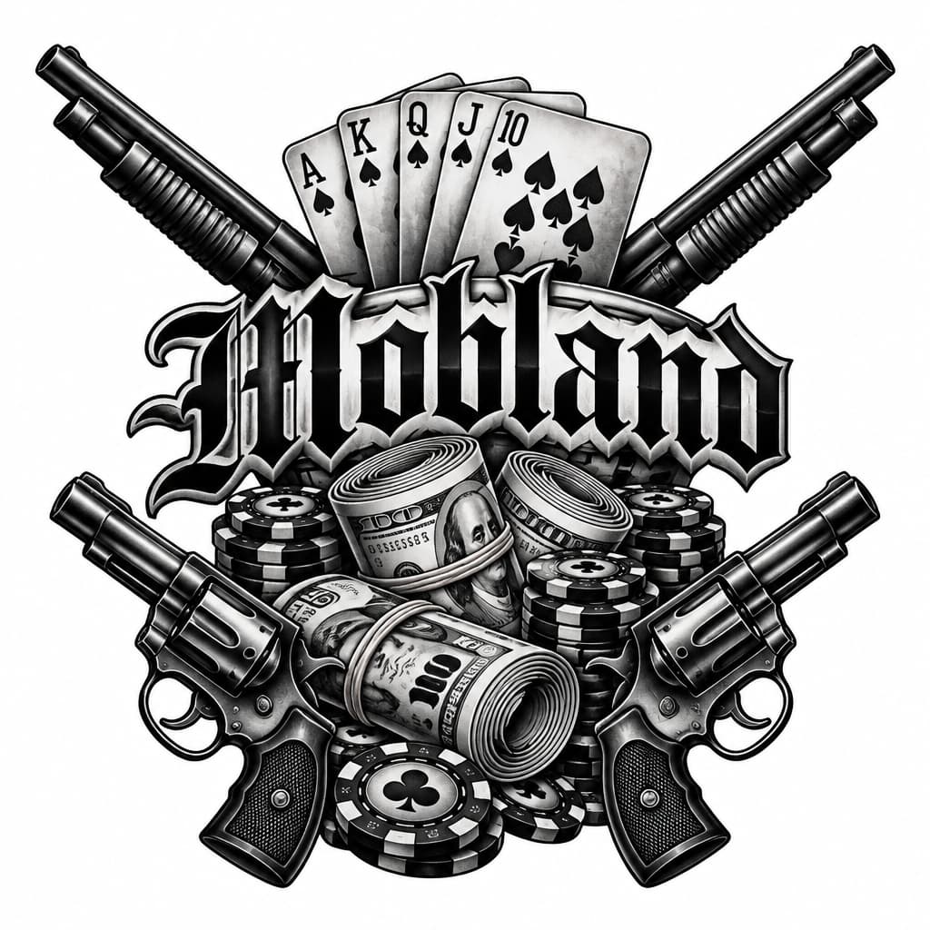 Mobland / old english / gangster style tattoo. Rolls of cash, poker chips, playing cards, shot guns & revolvers.