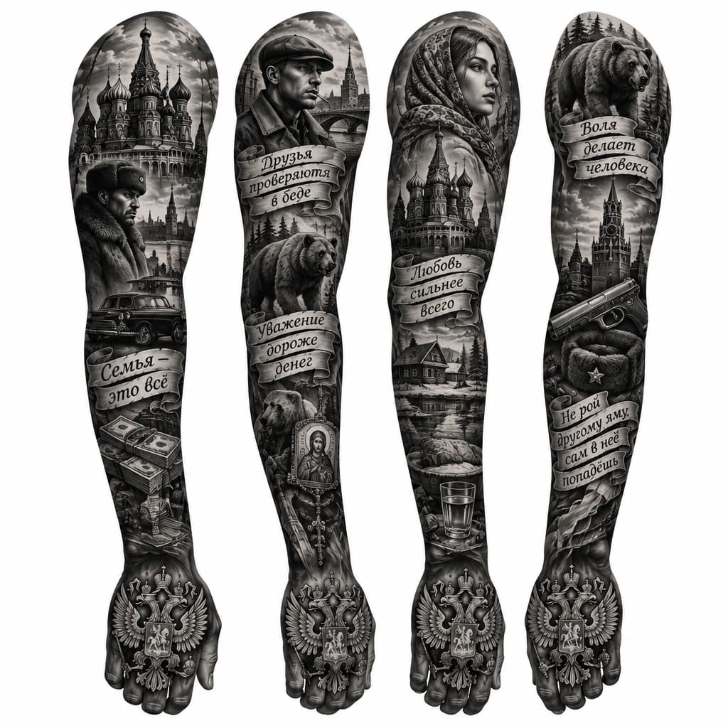A full sleeve, Russian mafia inspired piece, Russian double headed eagle on hand, Russian life and love proverbs wrapping around arm