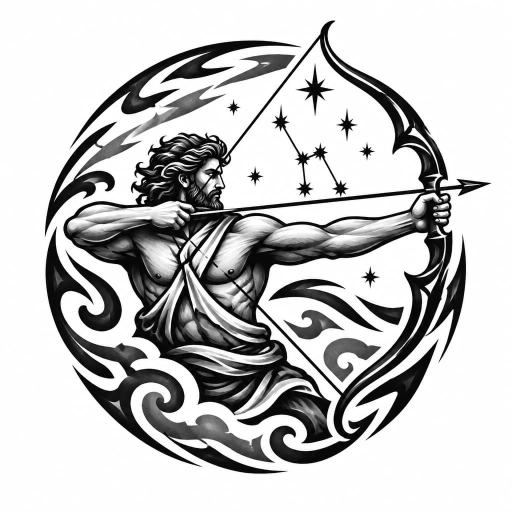 Orion the archer in a circle tribal style