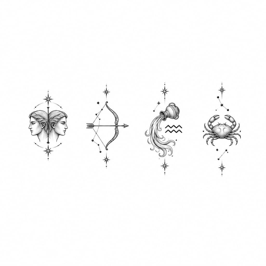 I would like 4 very small fine line tattoos. My dad (who I have just lost) is a Gemini, my mums Sagittarius, me Aquarius and my daughter cancer. I don’t mind if it’s constellations or something unique but the only thing I don’t like it’s the cancer symbol ♋️. I would like fine line and classy