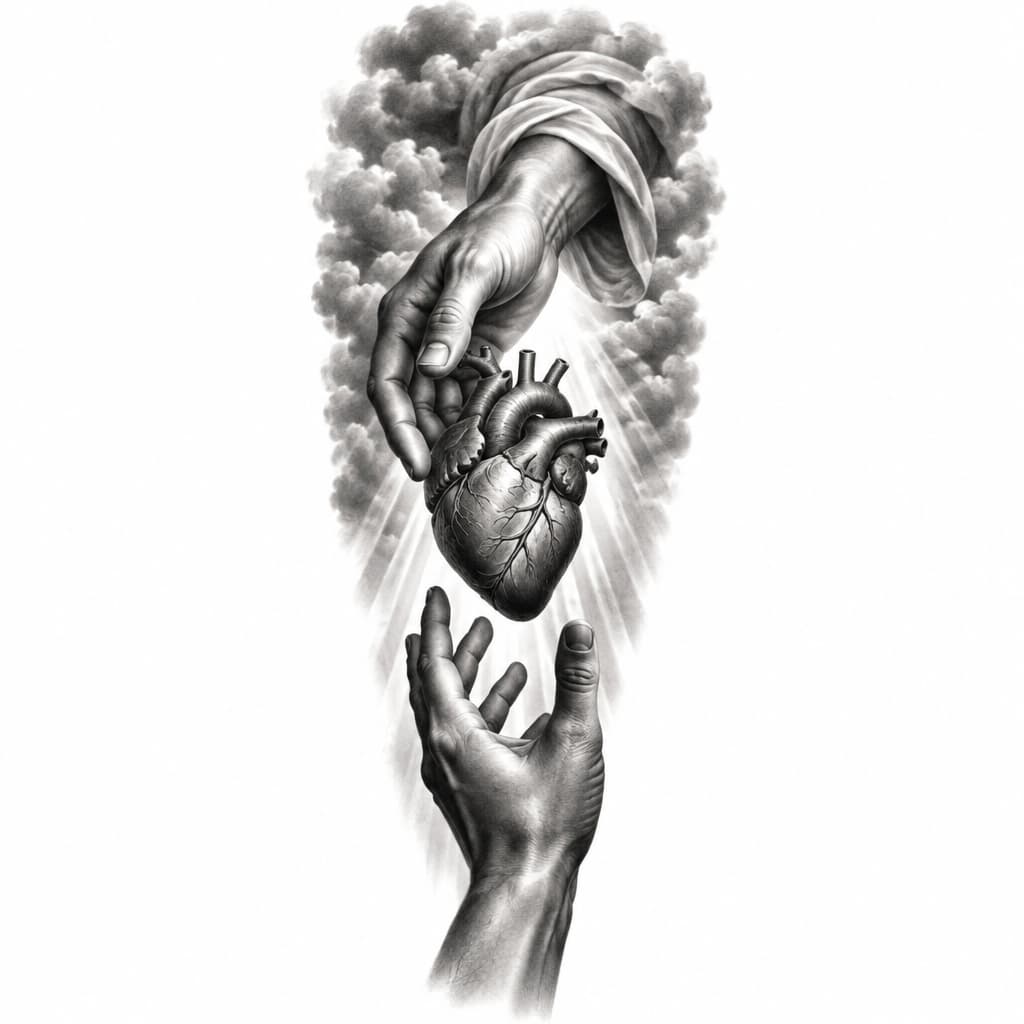 Realistic black and grey tattoo design, a large divine hand reaching down from soft clouds and gently offering an anatomically detailed human heart to a human hand reaching up from below, Renaissance fresco style, fine shading and smooth gradients, subtle rays of light, high contrast, no background, isolated design on white, vertical composition for forearm