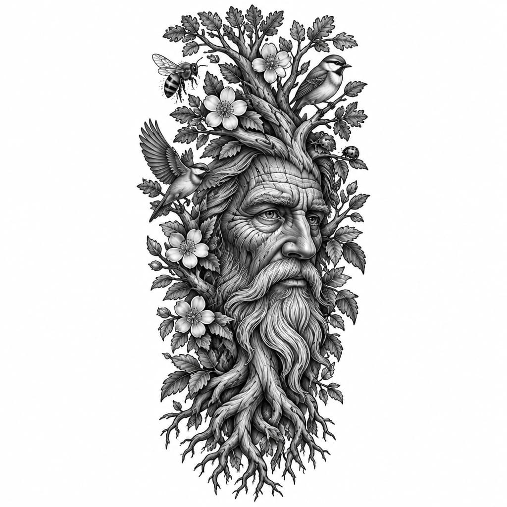 I’m looking to get a neo realistic colour sleeve. The main part of the tatto is a weathered old man’s face in a trunk of a tree with his beard becoming the tree roots and his hair becoming branches and foliage with a bee, a ladybird, birds and flowers amongst the branches.