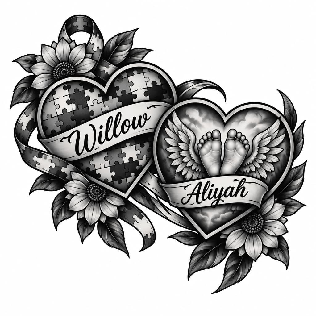 I would like to create a tattoo that has two hearts one heart that is autism themed with the name Willow in and the second heart that has infant feet with wings for a miscarriage with the name Aliyah into one image with color