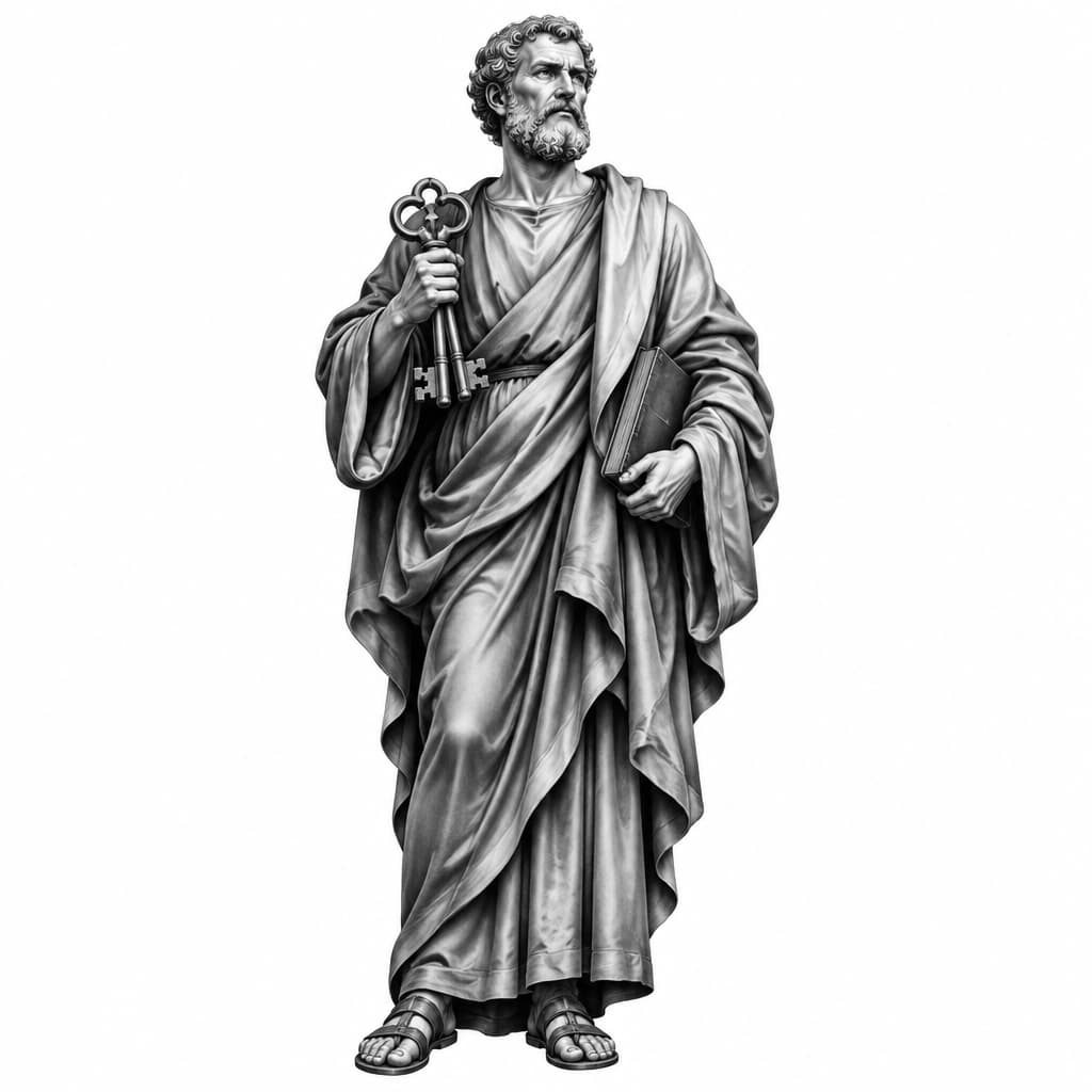 Create an exceptionally detailed, anatomically accurate tattoo design of SAINT PETER standing full-body in a powerful, solemn and protective pose. Saint Peter is depicted as a mature biblical man with a strong, weathered face, short curly