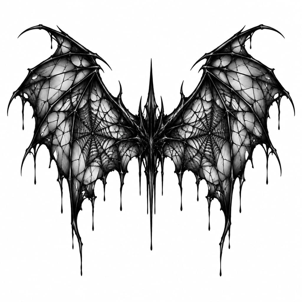 "A terrifying blackwork tattoo design of symmetrical bat wings. The wings are made of cracked stained glass and a chaotic spider web pattern. Sharp, jagged geometric lines, tattered wing edges, dripping black ink. The center is a dark, omin