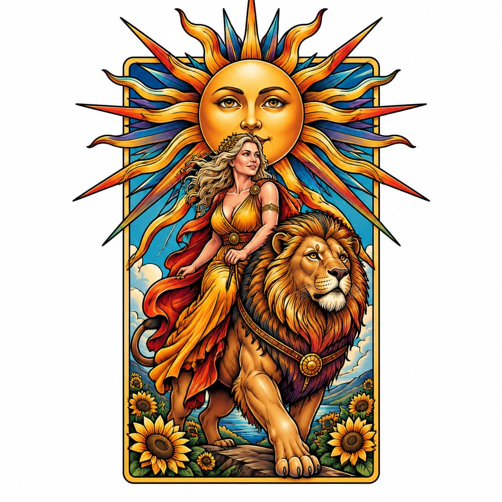 Erstelle eine Vorlage für ein tattoo mit der tarotkarte the Sun. Die Sonne soll bunte Strahlen haben die über die Karte hinausgehen. Anstatt des Kindes das auf einem Pferd reitet, soll eine blondhaarige Frau um die 47 Jahre (ich) auf einem Löwen reitend dargestellt werden. Das Tattoo soll bunt sein mit leuchtenden Farben