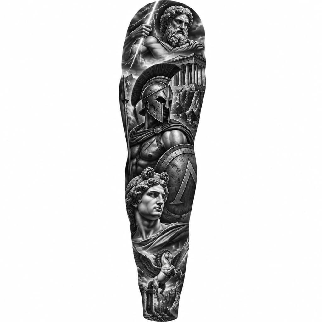Full greek mythology arm sleeve with spartan, Greek statue
