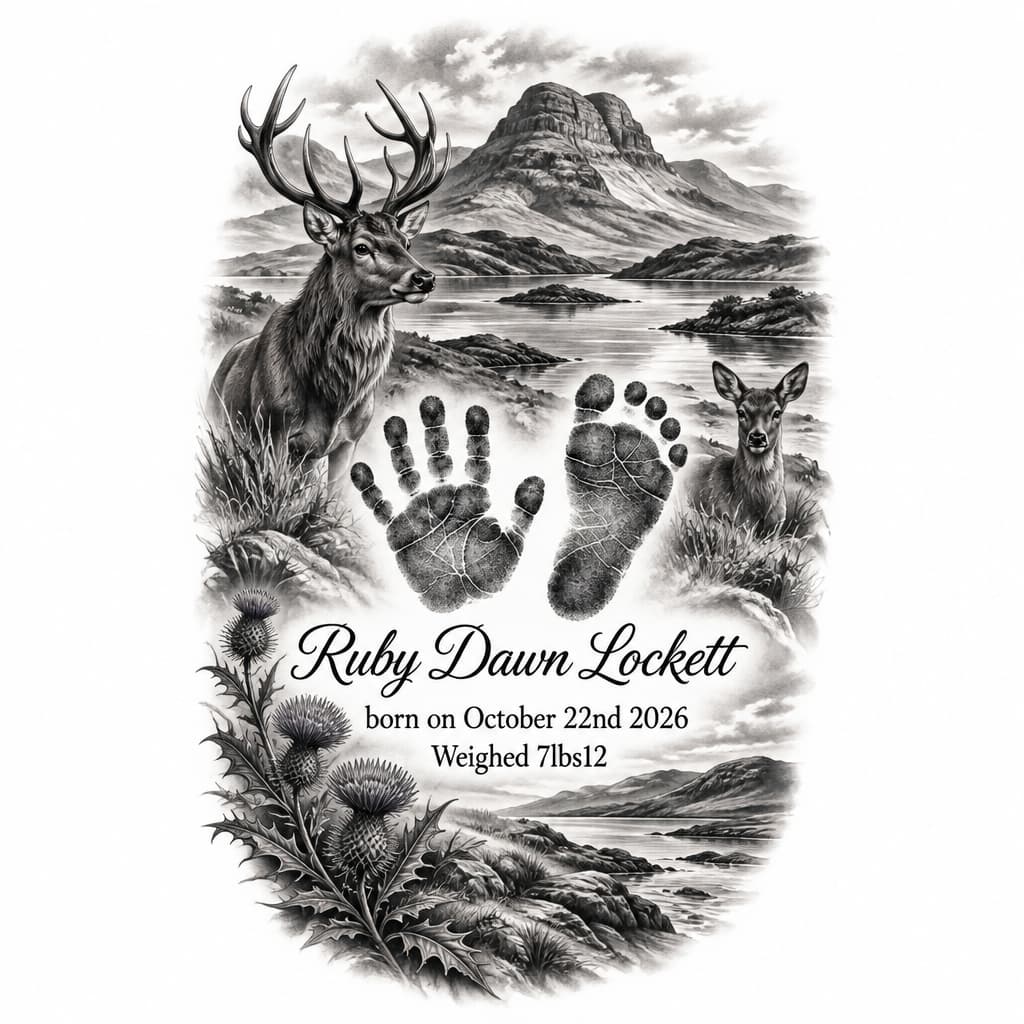 Fill in this part of arm with a tattoo dedicated for my baby daughter. I want it to have her hand and foot prints. Name is ruby dawn lockett born on October 22nd 2026. Weighed 7lbs12. Lives in the north west of Scotland (lochinver) and have mountain in background (suilven) and stags etc.